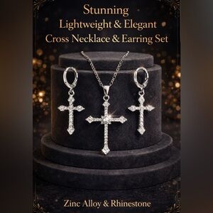 Elegant Silver Cross Necklace & Earring Set
